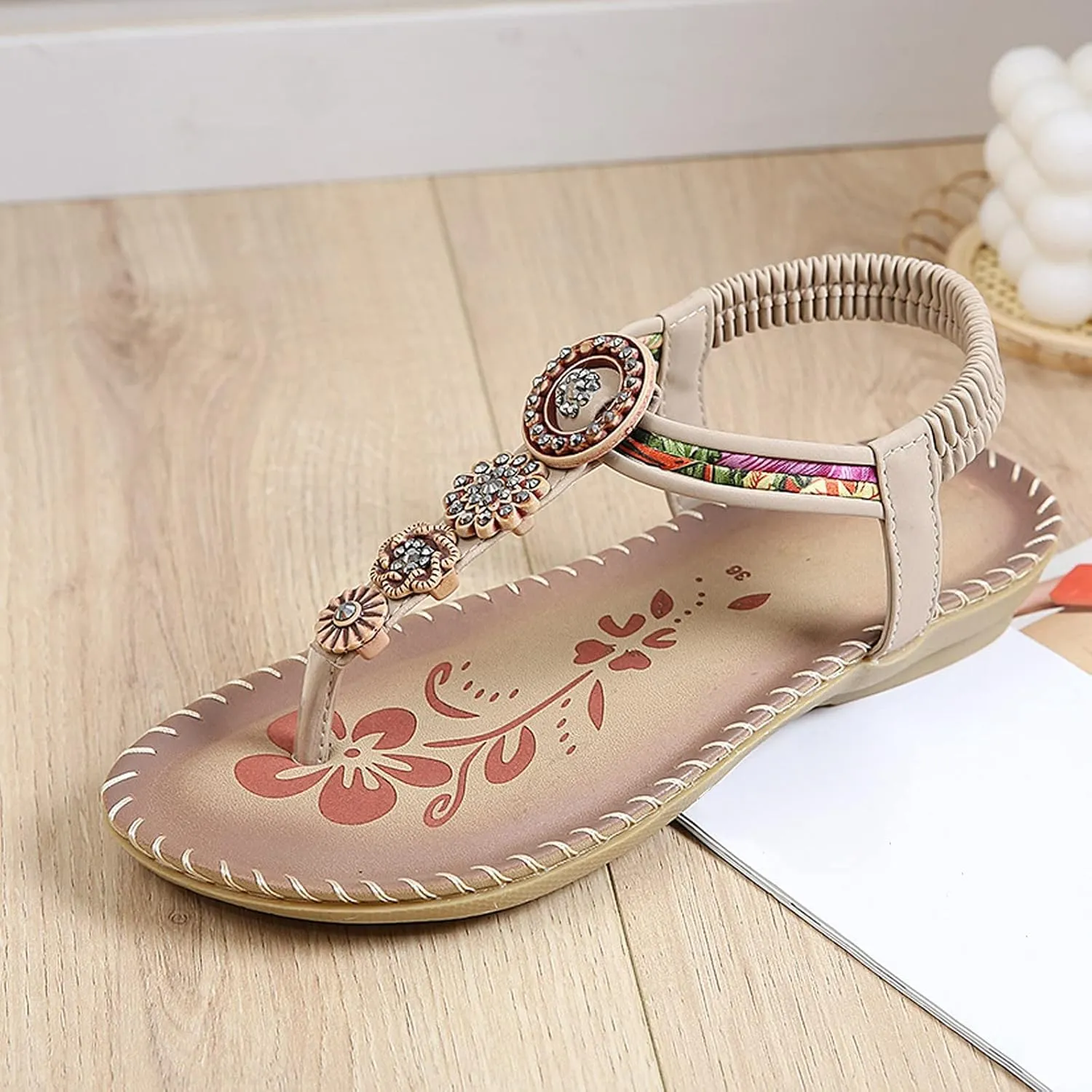 Womens Sandals Bohemia Flowers Sequins Dress Shoes Summer Flat Casual Ankle Strap Elastic Slip on Beach Sandal