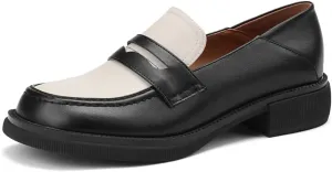 Women's Two Tone Classic Penny Loafers Closed Round Toe Low Chunky Heel Platform Slip On Comfortable Work Vintage Loafers Mary Janes Shoes Business Casual Moccasins Oxford Shoes
