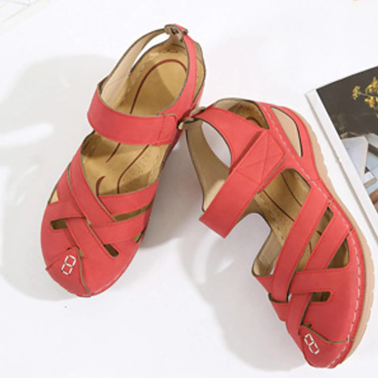 Womens Wedge Sandals Summer Closed Toe for Women Dressy Orthopedic Wedge Sandals for Women Dressy Comfortable Walking Ankle Strap Hook and Loop Fisherman Gladiator Flat Sandal