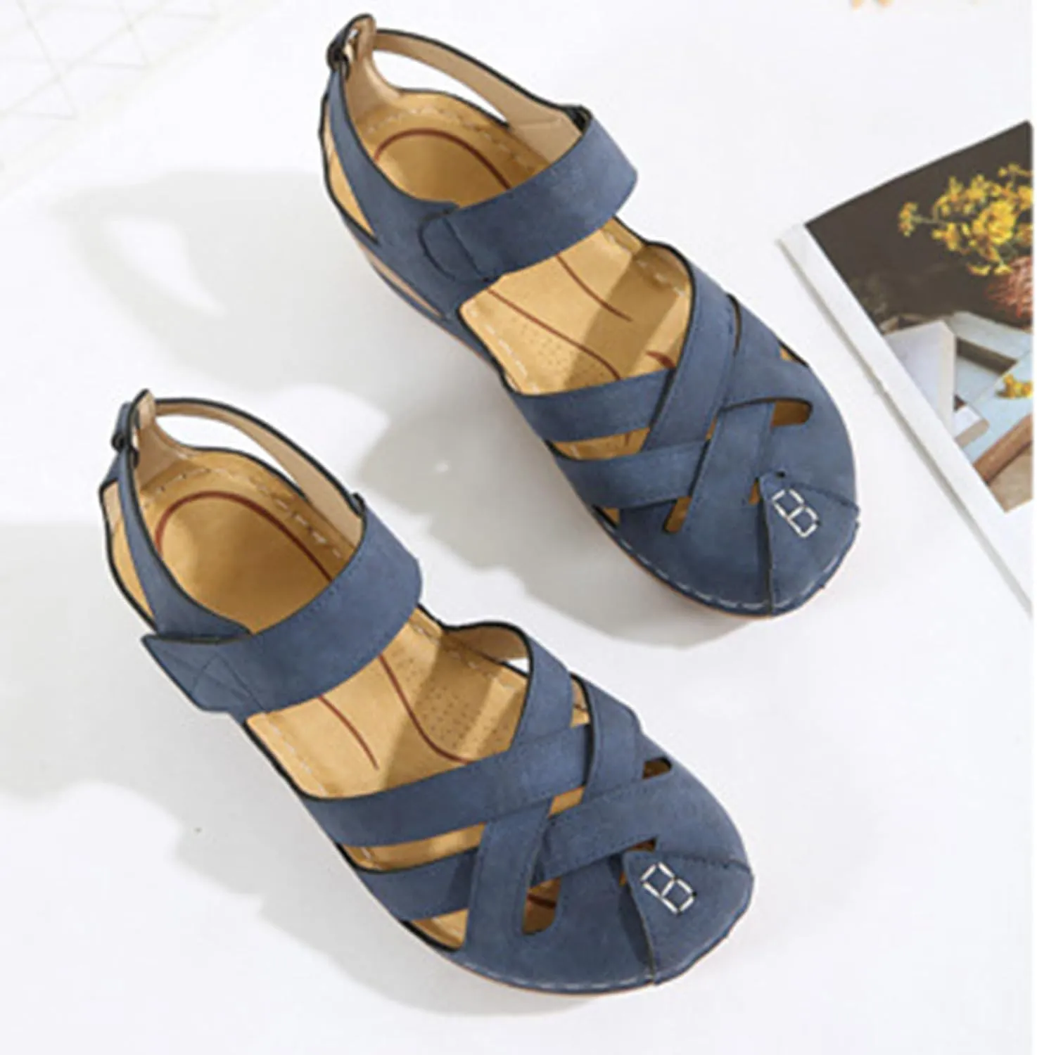 Womens Wedge Sandals Summer Closed Toe for Women Dressy Orthopedic Wedge Sandals for Women Dressy Comfortable Walking Ankle Strap Hook and Loop Fisherman Gladiator Flat Sandal