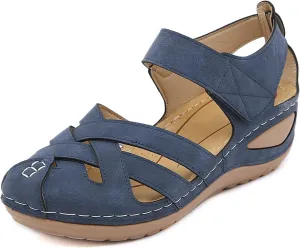 Womens Wedge Sandals Summer Closed Toe for Women Dressy Orthopedic Wedge Sandals for Women Dressy Comfortable Walking Ankle Strap Hook and Loop Fisherman Gladiator Flat Sandal