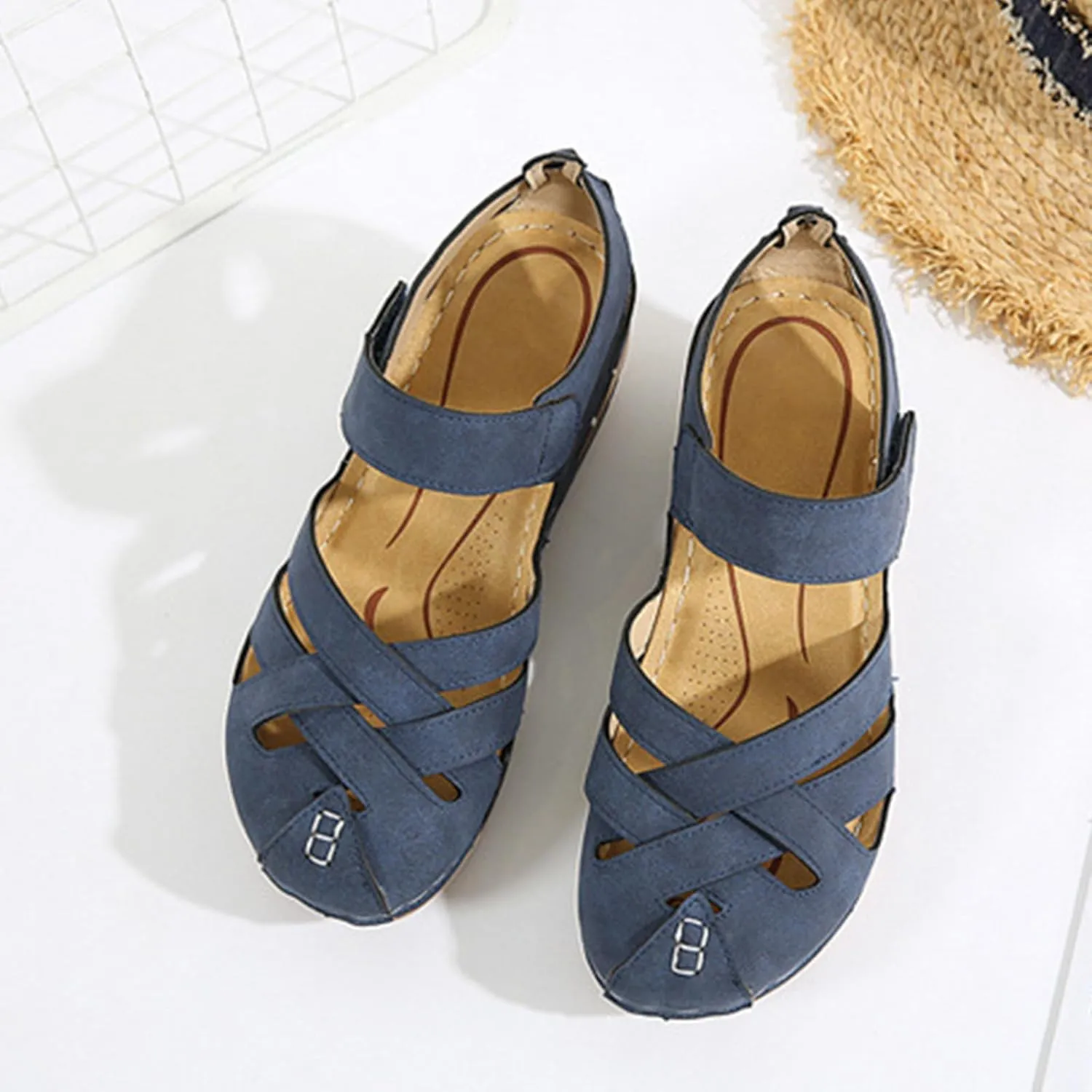 Womens Wedge Sandals Summer Closed Toe for Women Dressy Orthopedic Wedge Sandals for Women Dressy Comfortable Walking Ankle Strap Hook and Loop Fisherman Gladiator Flat Sandal
