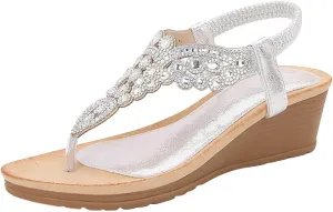 Women's Wedge Sandals with Buckle Ankle Strap for Dressy Summer Comfortable Casual Slingback Bohemian Arch Support Rhinestone Platform Low Wedges Sandal Comfort Beach Walking Flats Fashion Shoes