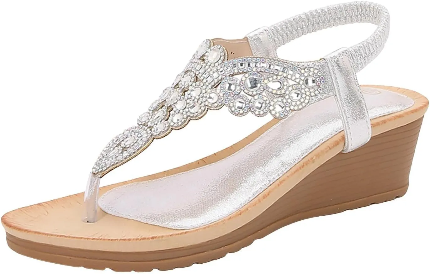 Women's Wedge Sandals with Buckle Ankle Strap for Dressy Summer Comfortable Casual Slingback Bohemian Arch Support Rhinestone Platform Low Wedges Sandal Comfort Beach Walking Flats Fashion Shoes